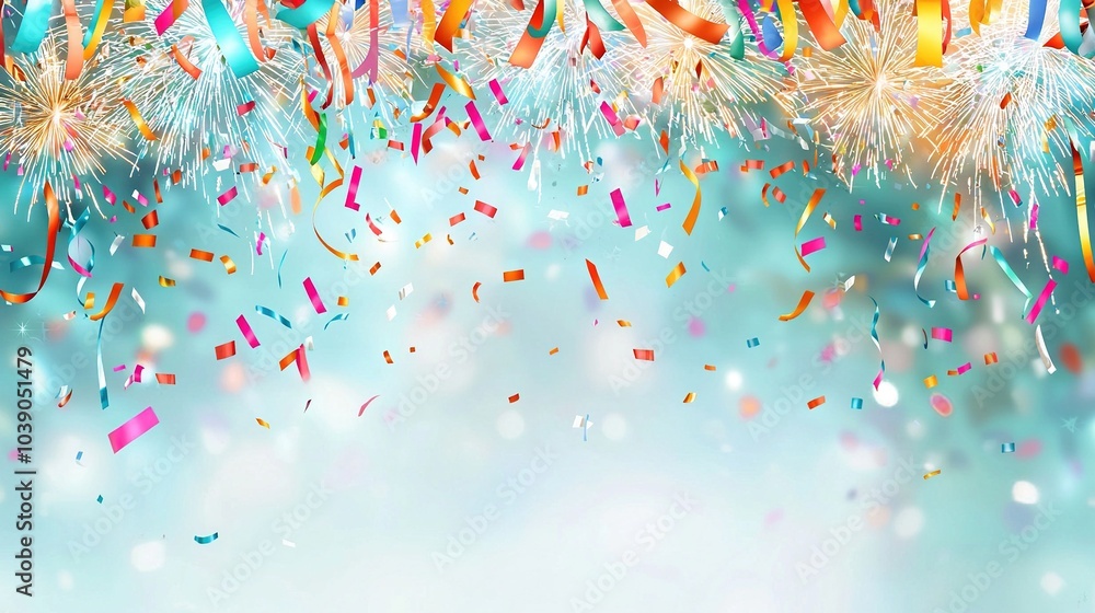 Fototapeta premium Colorful streamers of confetti and streamers streaming streamers on a blue background