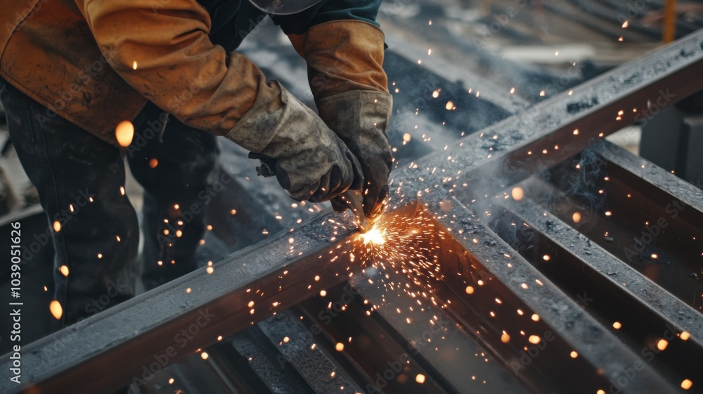 A detailed shot of a welding technician working on metal beams amidst sparks and protective gear, Welding site scene, Industrial craftsmanship style A detailed shot of a welding technician working on metal beams amidst sparks and protective gear, Welding site scene, Industrial craftsmanship style