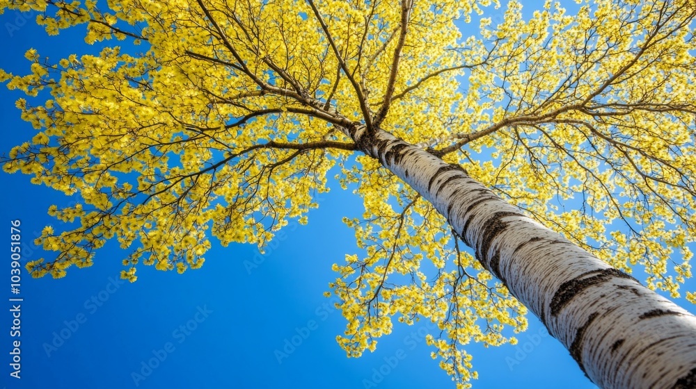Fototapeta premium Low-Angle View of a Birch Tree with Yellow Blossoms Against a Blue Sky