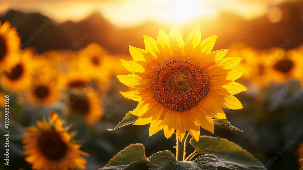 Fototapeta premium sunflower field at sunset, a single sunflower in sharp focus while the others are softly blurred, golden hour light casting a warm glow on the petals