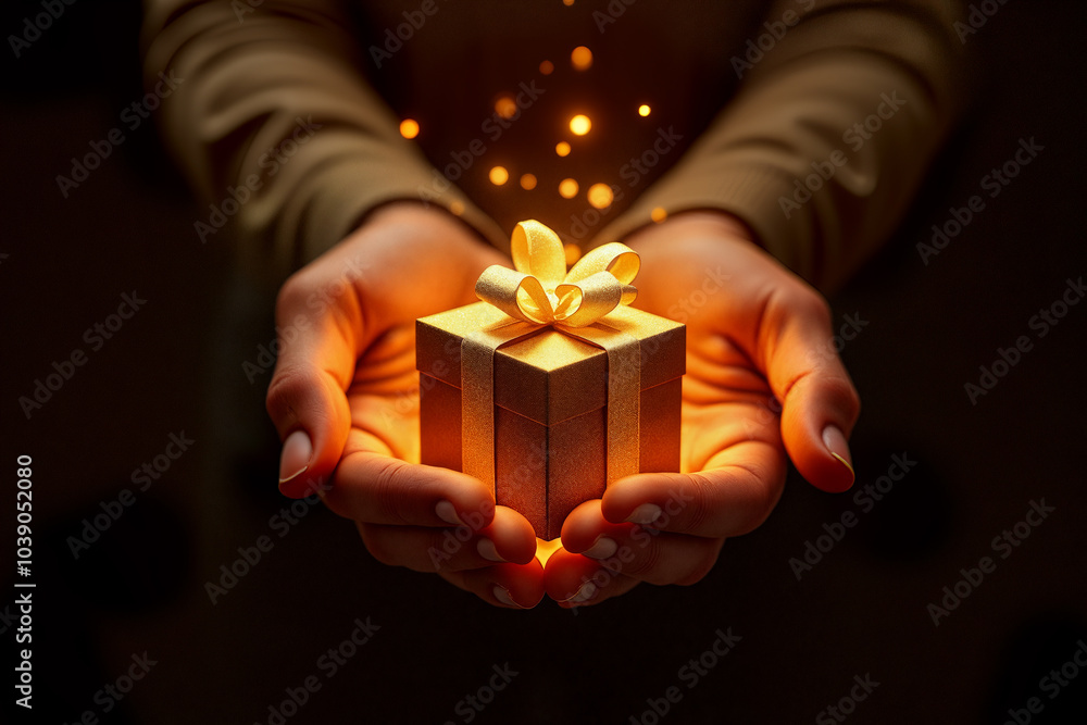 Hands cradling a shimmering golden gift emit a warm glow, symbolizing joy and celebration in a dark, festive atmosphere - Generative AI Hands cradling a shimmering golden gift emit a warm glow, symbolizing joy and celebration in a dark, festive atmosphere - Generative AI