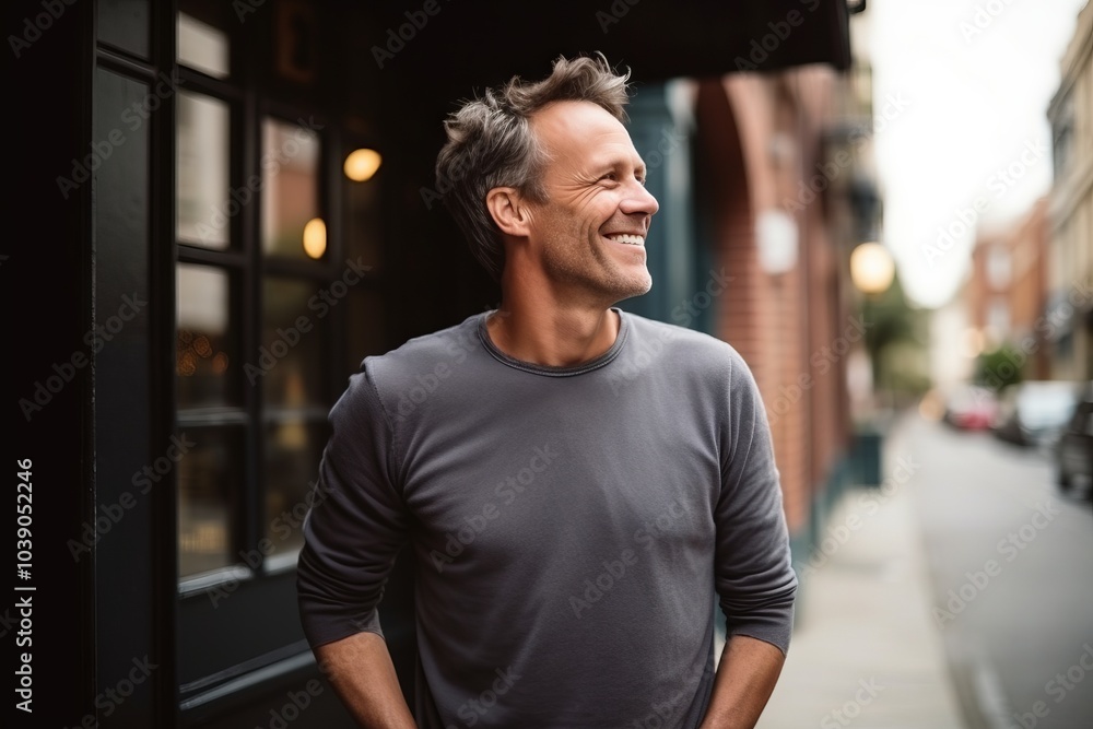 Portrait of a handsome man smiling in an urban setting, looking away Portrait of a handsome man smiling in an urban setting, looking away