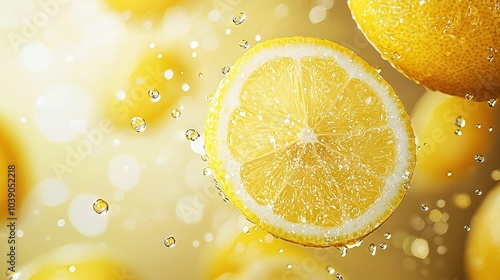   A detailed shot of a cut lemon, featuring droplets of water on both its upper and lower surfaces