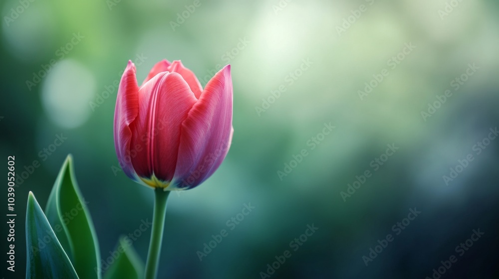 A Single Pink Tulip Bud Against a Soft Green Background A Single Pink Tulip Bud Against a Soft Green Background