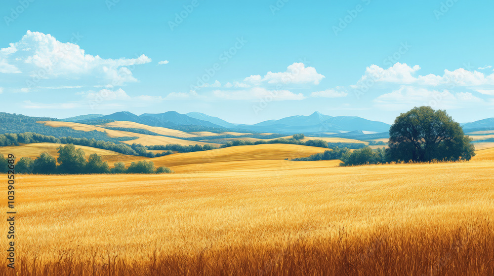 A rolling countryside with golden fields, a clear blue sky, and distant mountains on the horizon A rolling countryside with golden fields, a clear blue sky, and distant mountains on the horizon
