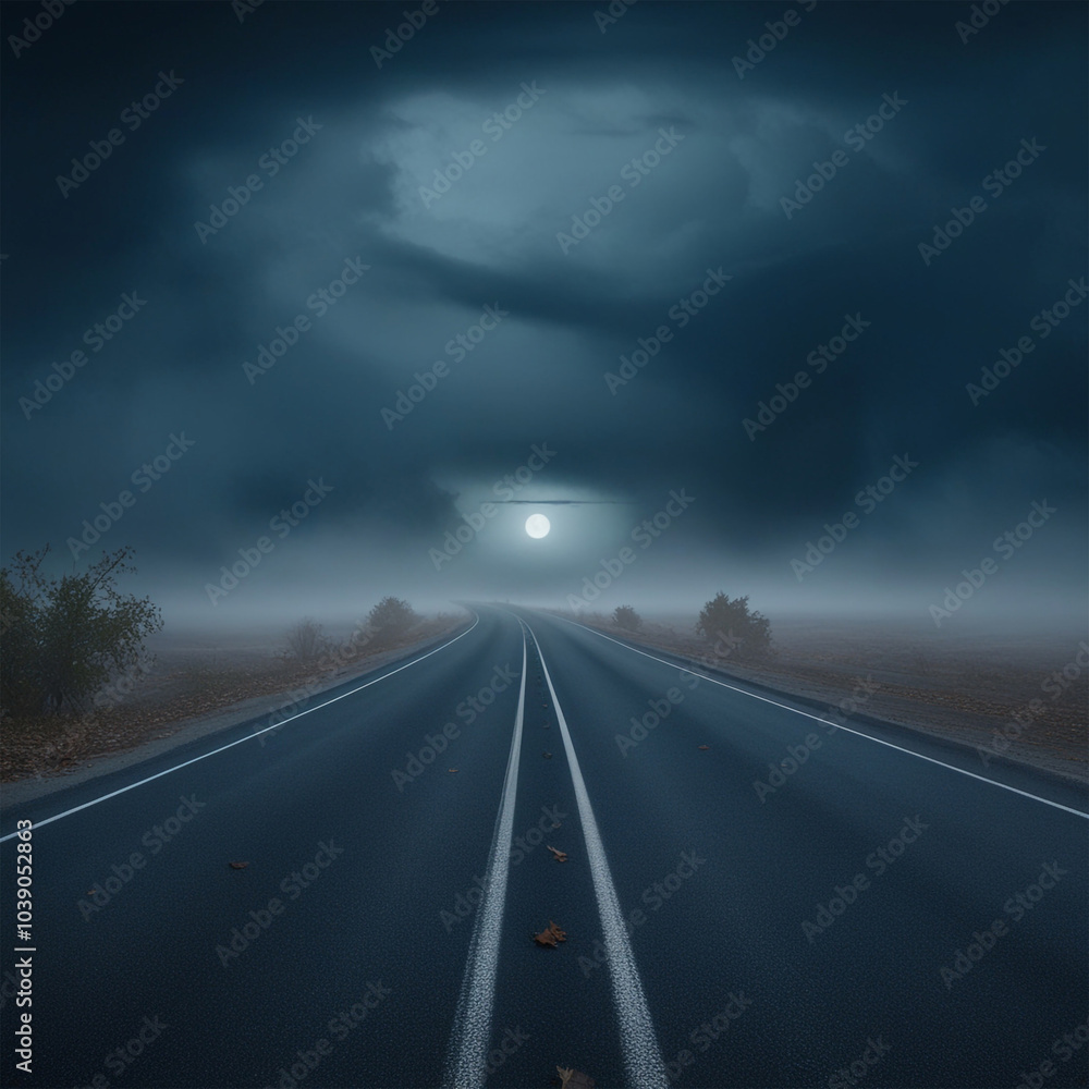 Naklejka premium Driving Down a Night Road Loop Road to the Moon Empty road Runway