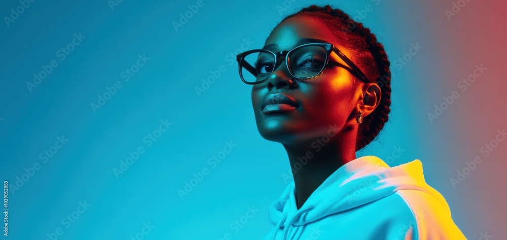 Young black woman wearing glasses and a white hoodie, with her hair blowing in the wind Young black woman wearing glasses and a white hoodie, with her hair blowing in the wind