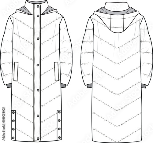 Unisex Hooded Duvet Puffer. Technical fashion illustration. Front and back, white color. Unisex CAD mock-up.