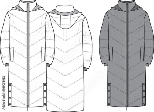 Unisex Hooded Duvet Puffer. Technical fashion illustration. Front and back, white and grey color. Unisex CAD mock-up.