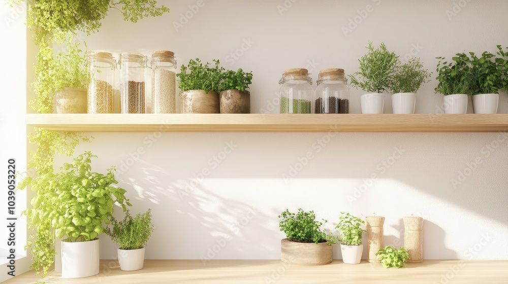 Fototapeta premium Rustic Herb Garden on Wooden Shelves in Bright Kitchen