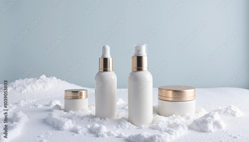 Luxury skincare products in white bottles and cream jars with golden lids on snow Luxury skincare products in white bottles and cream jars with golden lids on snow