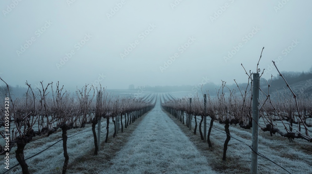 Fototapeta premium Frosted Vineyard Rows in Misty Morning