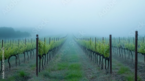 Misty Morning Vineyard Rows