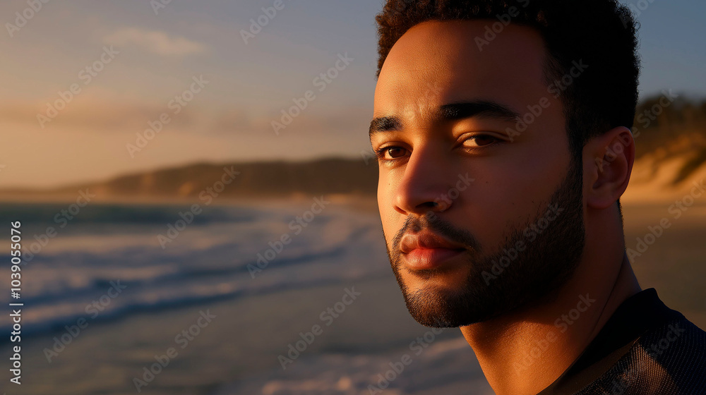 Portrait of young man, on the beach in the morning, before starting his morning walk Portrait of young man, on the beach in the morning, before starting his morning walk