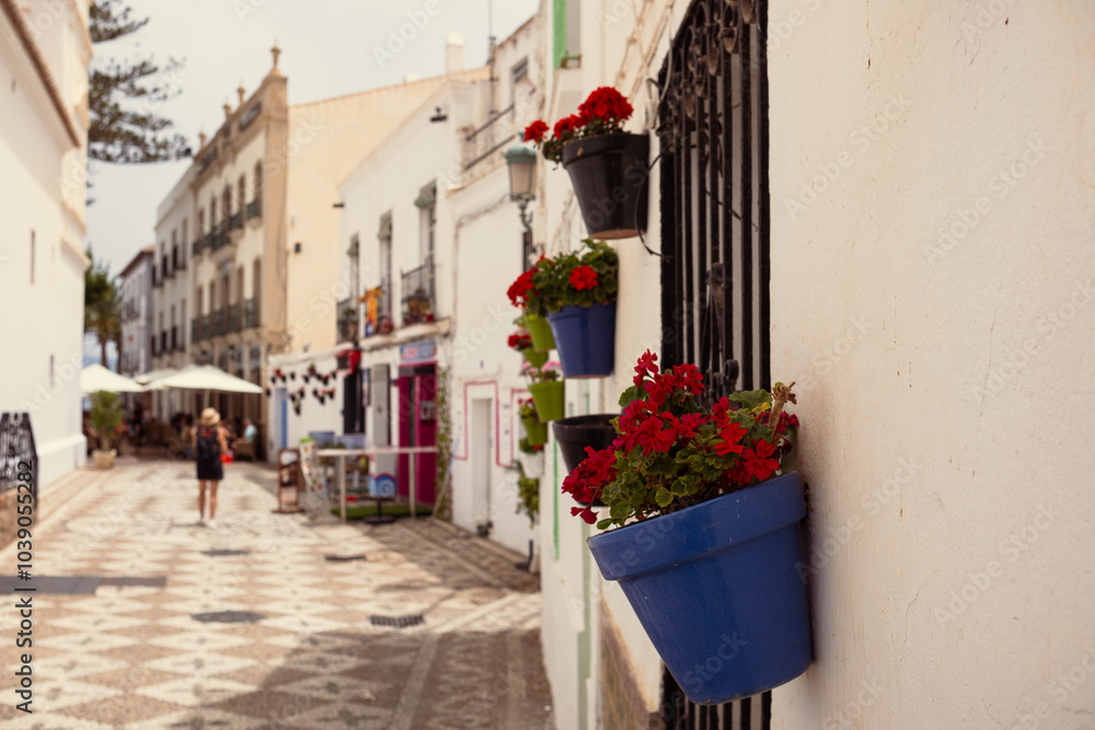 Fototapeta premium Flowers in patterned ceramic vases fixed to the wall of an old house. Decor of the old town of Nerja in Spain