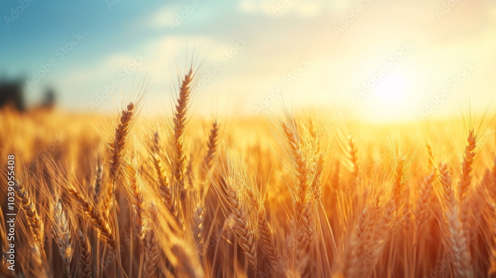 Fototapeta premium Golden Wheat Stalks Bathed in Warm Sunset Light