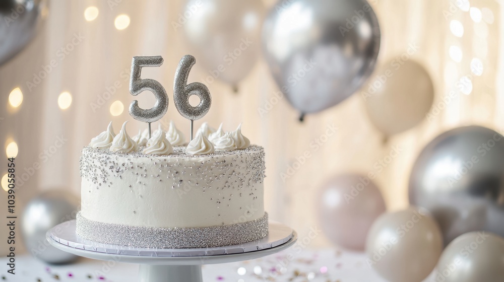 Fototapeta premium Elegant 56th Birthday Celebration Cake with Glittery Toppers and Balloons