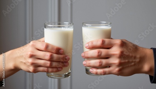 Hands holding glasses of milk in cheers gesture with celebratory mood against blurred background