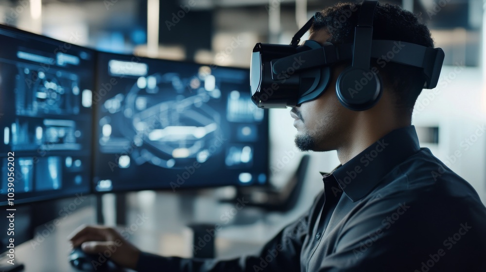 A Man Wearing a VR Headset and Looking at a Computer Screen A Man Wearing a VR Headset and Looking at a Computer Screen