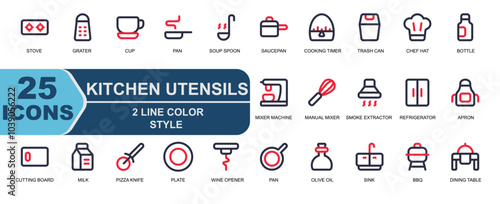 collection of kitchen equipment icons.style 2 line color.contains pizza knife,plate,bottle opener,wine opener,pan,oil,olive oil,sink,kitchen,grill,bbq,dining table,timer,milk.
