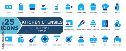 kitchen equipment set icon.duo tone style.pizza knife,plate,bottle opener,wine opener,pan,oil,olive oil,cup,cooking,pan,soup spoon,saucepan.
