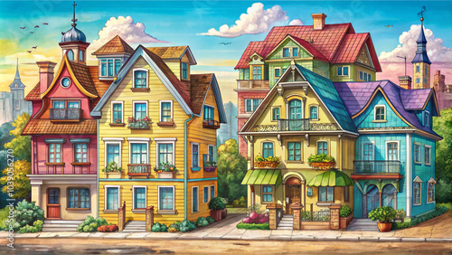 watercolor, houses in the city