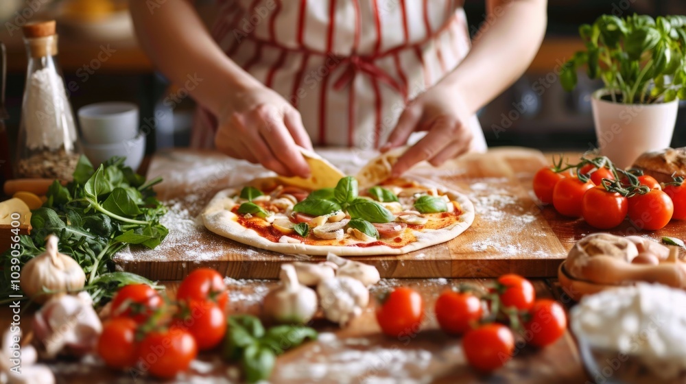 A person making homemade pizza with fresh ingredients A person making homemade pizza with fresh ingredients