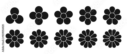 Set of flower diagrams with petals and core. Floral pie chart divided on equal segments in leaf shapes isolated on white background. Templates for data presentation. Vector graphic illustration.