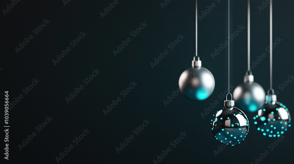 A Christmas ornament group dangling from a string on a dark background, lit by blue and green bulbs in spherical shapes A Christmas ornament group dangling from a string on a dark background, lit by blue and green bulbs in spherical shapes