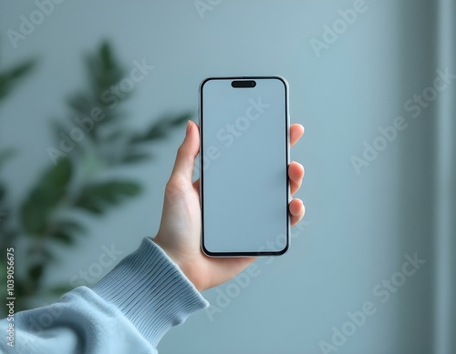hand holding smartphone mockup with a Transparent screen as png isolated on empty background, mobile phone hand mockup