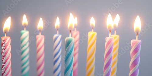 Colorful, striped candles with realistic 3D details are perfect for adding a festive touch to birthday cakes or pies. These candles have burning flames, creating a warm glow in the night.