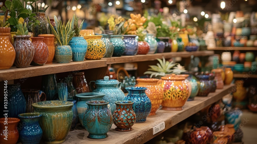 Fototapeta premium A vibrant collection of artisanal crafts highlights imaginative creativity and distinctive craftsmanship at a bustling marketplace.