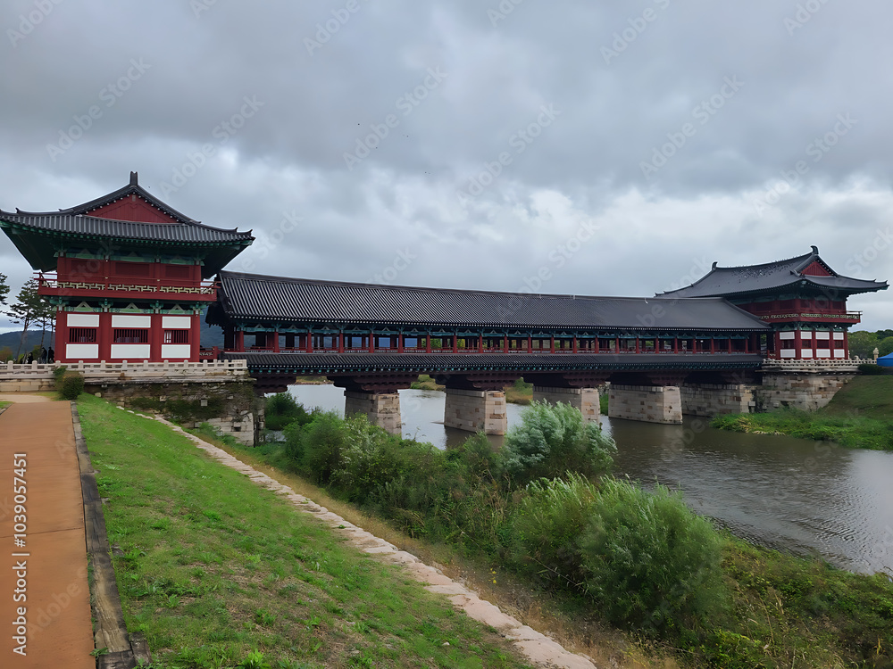 Obraz premium Cloudy and Rainy Sunflowers Oct. 19, 2024. Landscape of Woljeonggyo Bridge, Gyeongju, Korea
