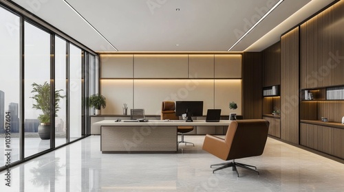 Wallpaper Mural Modern Office Interior with Large Window, Desk, and Leather Chair Torontodigital.ca