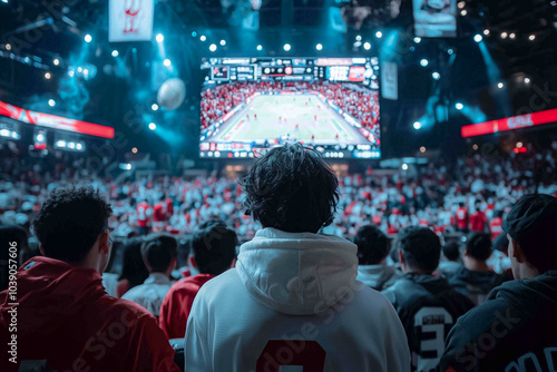 Arena Excitement: Immersive view of a large crowd watching a sporting event on a jumbotron, capturing the energy and anticipation of live sports. photo