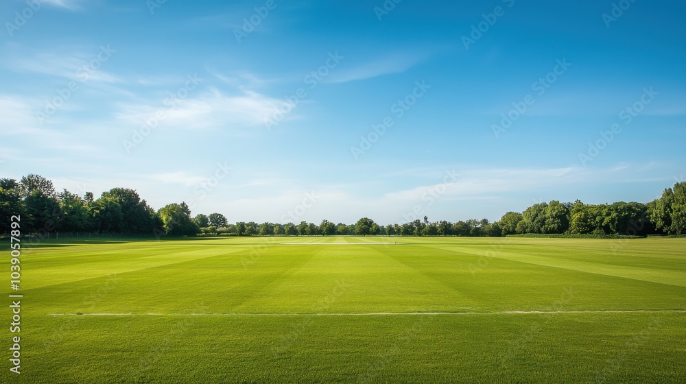 A tranquil outdoor cricket pitch with a well-maintained surface and clear boundary lines, surrounded by open fields and a bright blue sky, early afternoon light creating a serene atmosphere A tranquil outdoor cricket pitch with a well-maintained surface and clear boundary lines, surrounded by open fields and a bright blue sky, early afternoon light creating a serene atmosphere