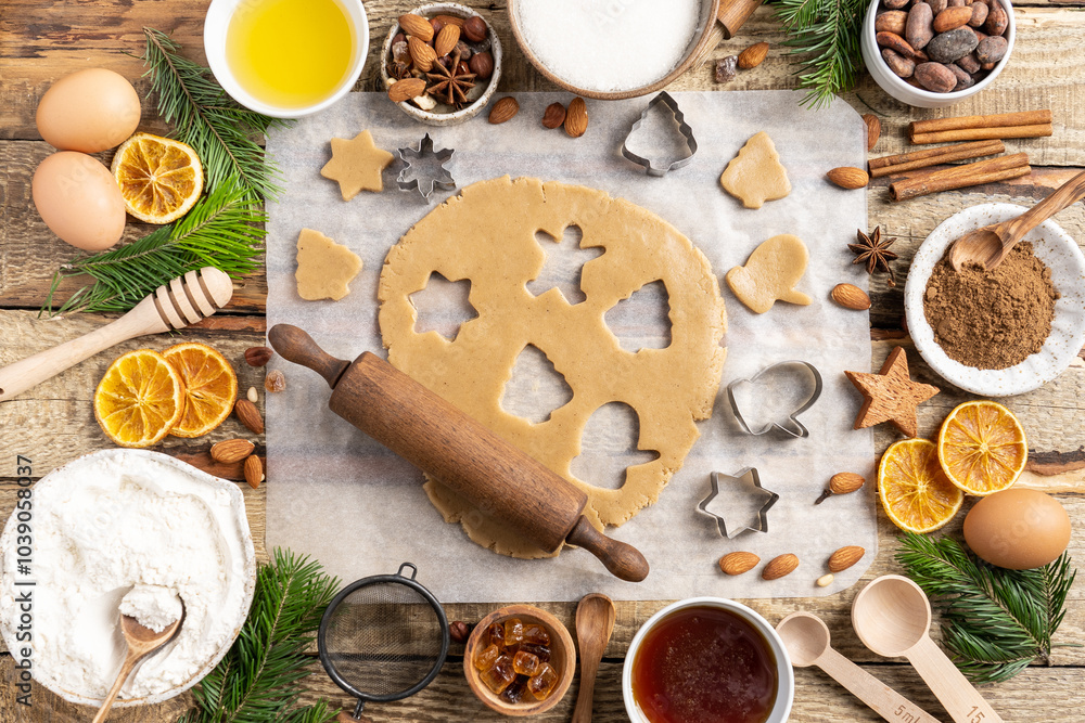 Fototapeta premium A frame of ingredients for making Christmas cookies. Christmas, holiday