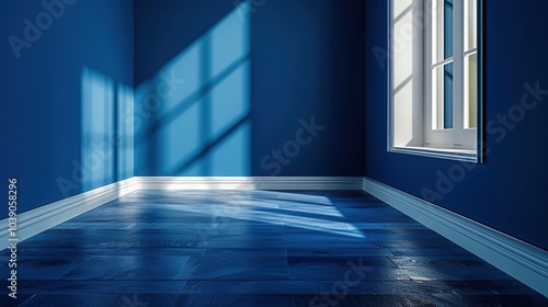 An empty room with blue walls and a window, sunlight shining through.