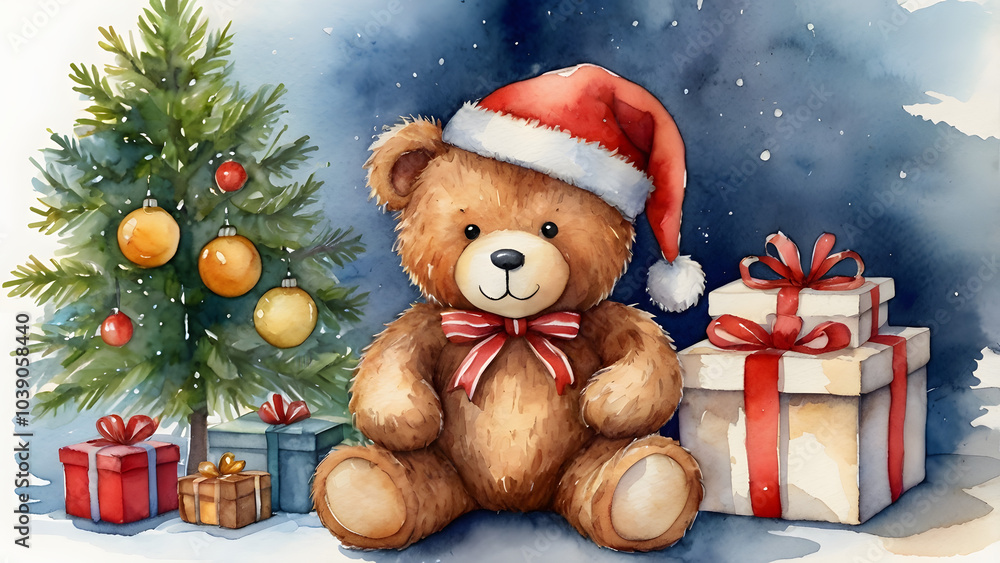 A teddy bear with a Santa hat and a Christmas tree watercolor generative ai A teddy bear with a Santa hat and a Christmas tree watercolor generative ai