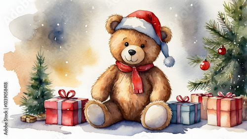 A teddy bear with a Santa hat and a Christmas tree watercolor generative ai