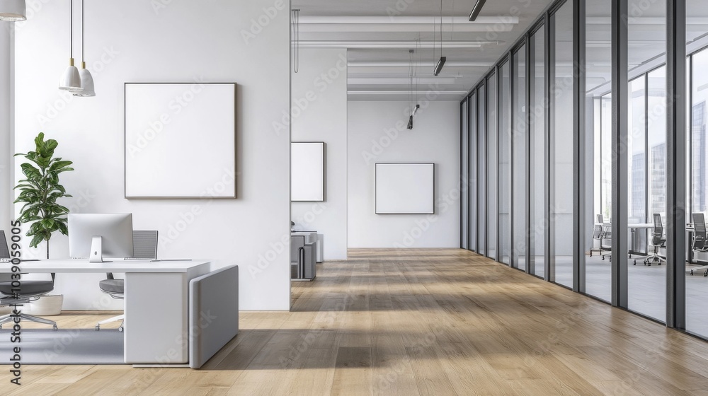 Obraz premium Minimalist Office Interior with White Walls and Wooden Floor