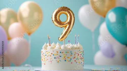 9th Birthday Celebration Cake with Gold Balloon and Colorful Decor