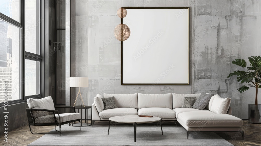 Modern living room with a large sectional sofa and a large empty frame hanging on the wall. Modern living room with a large sectional sofa and a large empty frame hanging on the wall.