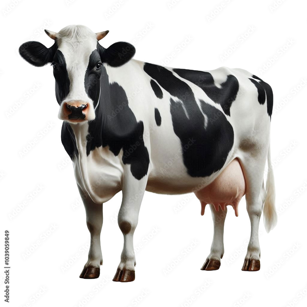 A black and white cow on a white background A black and white cow on a white background