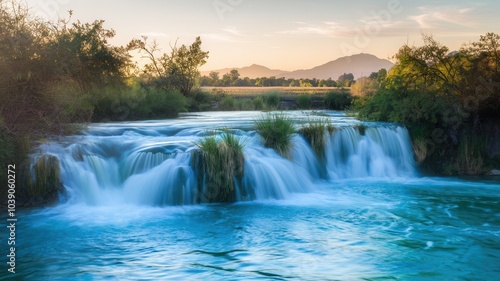 Medium shot of river and rapids with soft early morning light