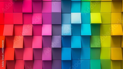 A colorful abstract background with a gradient of square blocks arranged in a wave pattern.