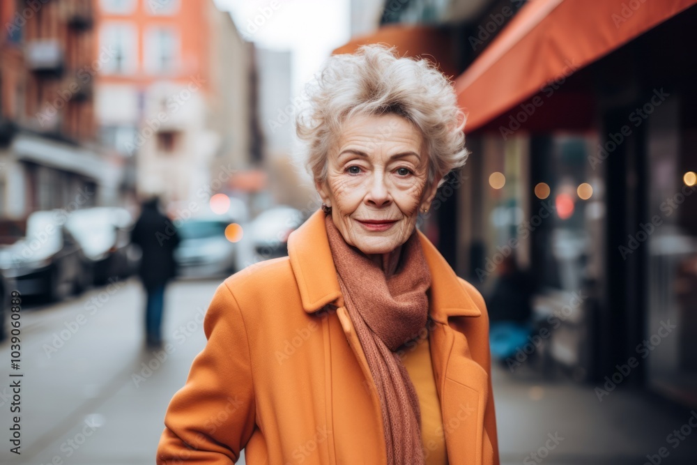 Portrait of an elderly woman in an orange coat on the street. Portrait of an elderly woman in an orange coat on the street.