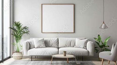 A modern living room with a white sofa, a large frame, and a gray armchair.