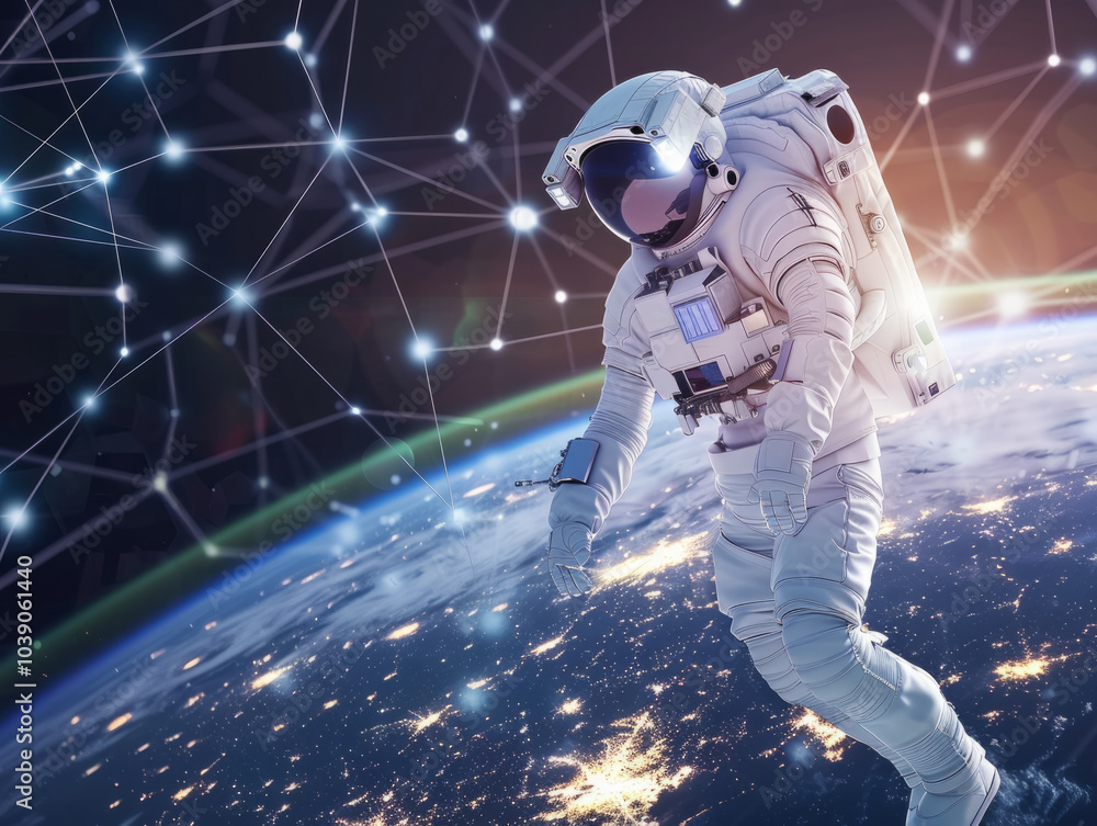 Fototapeta premium Floating astronaut above Earth, digitally linked
