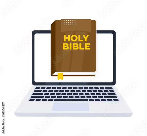 Holy bible on a laptop screen, studying scripture online concept